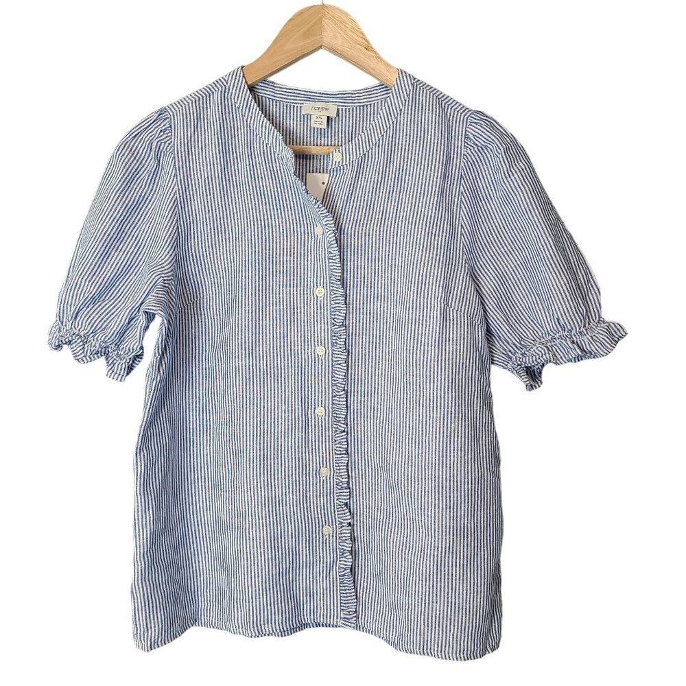 J.Crew Blouse Puff Sleeve Ruffle Striped Button-Down Linen-Cotton XS